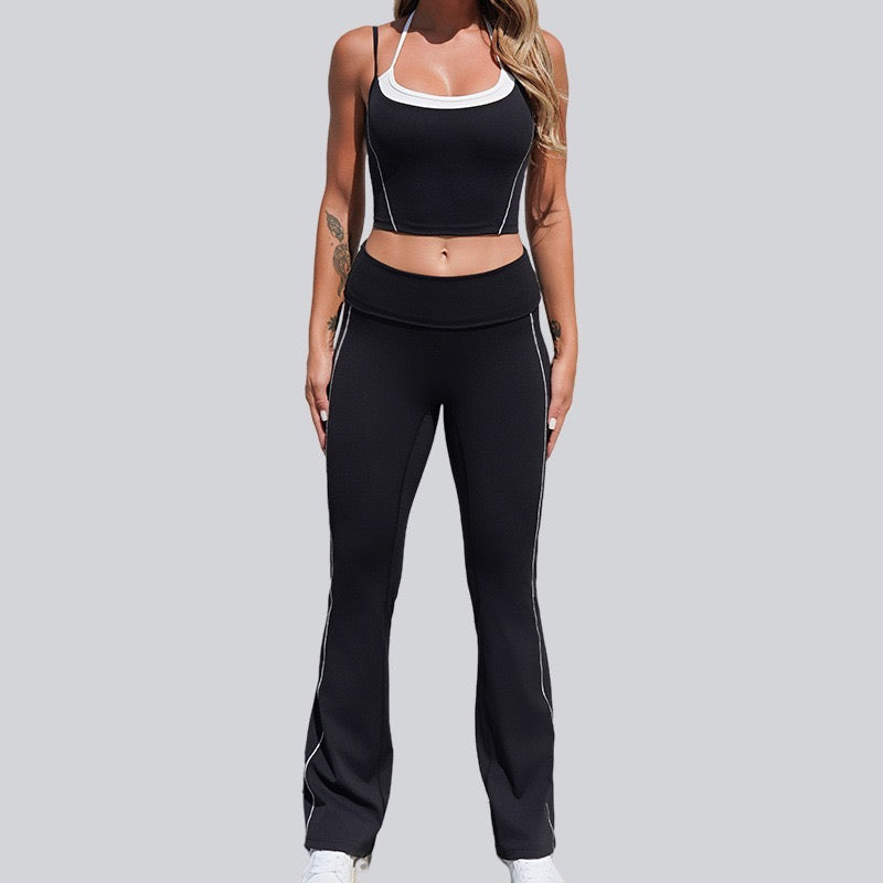 Ensemble de sport taille haute sculptant – crop top & pantalon évasé